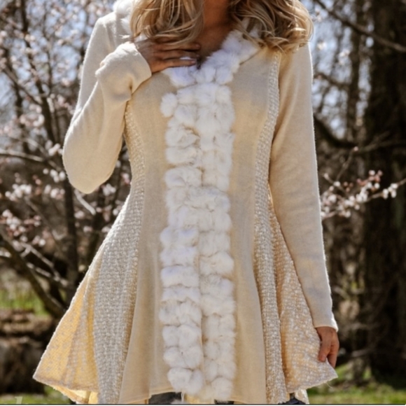 NWT Rabbit Fur Detail Fitted Long Sleeve Cardigan Ivory Cream Large - Picture 12 of 12
